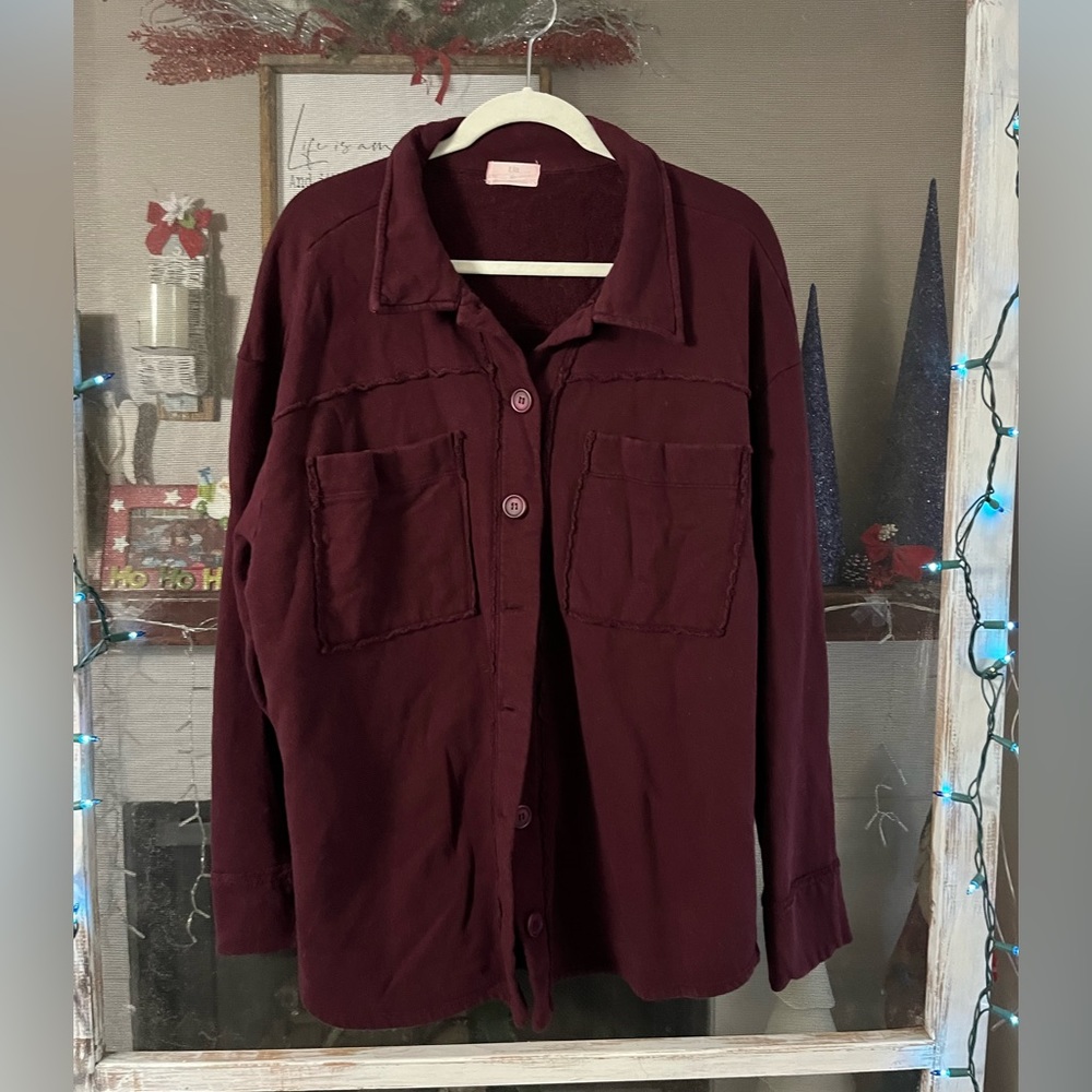 Maroon Long Sleeve Button Up Shacket
